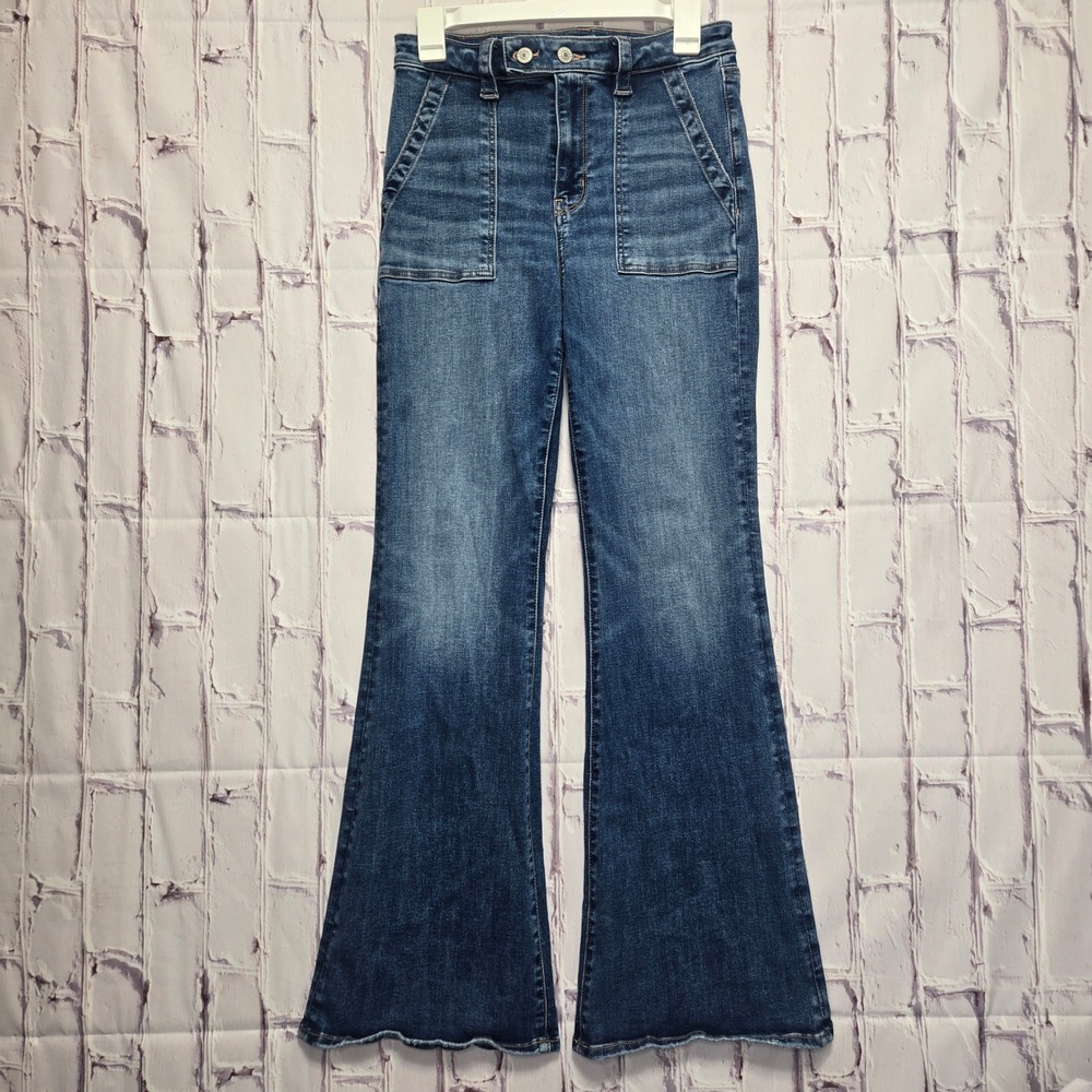 American Eagle Flare Jeans Super High Rise Patch Pocket Boho Womens 6 Regular